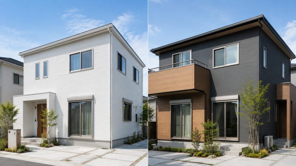 白い外壁（左）と、木目調をアクセントにしたダークグレーの外壁（右）の異なる住宅に、それぞれ自然に調和しているプラチナステンサッシの対比。