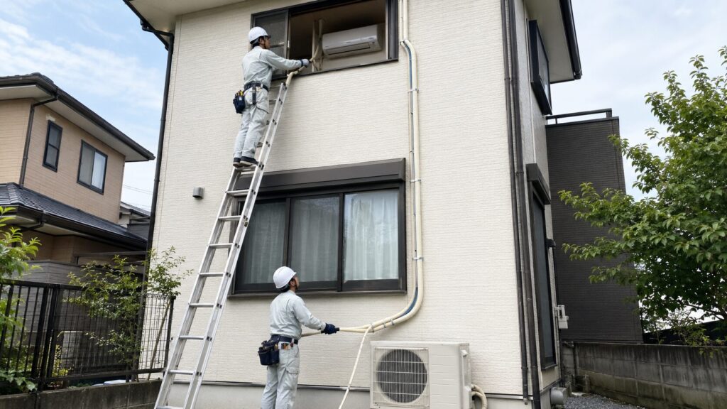 2階の窓からハシゴを使い、長い配管を1階の地面にある室外機へ下ろして設置するエアコン工事の様子。標準工事を超える追加工事（高所作業、配管延長）が発生