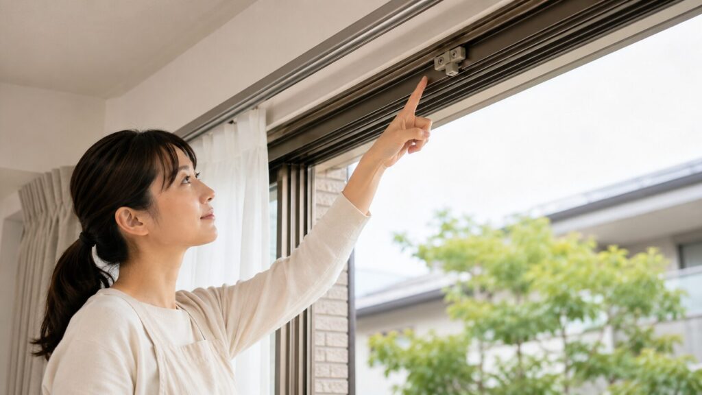 日本のリビングルームで、アジア人女性（主婦）が窓を開け、サッシ上部のレール部分を見上げている。彼女は右手で、窓フレームの上に取り付けられた小さなグレーの「外れ止め」部品を指差し、場所を確認している。窓辺での点検の様子。