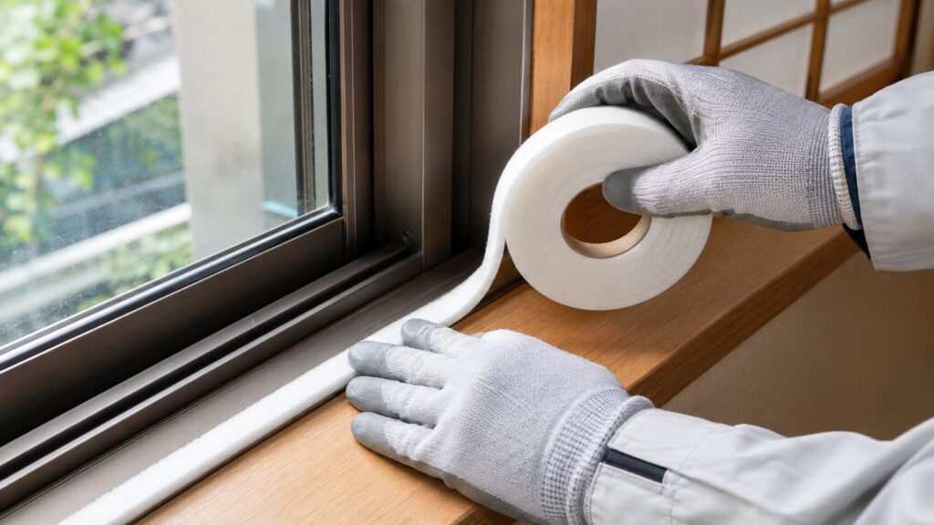 白い発泡ポリエチレン製の断熱テープを丁寧に貼り付けている