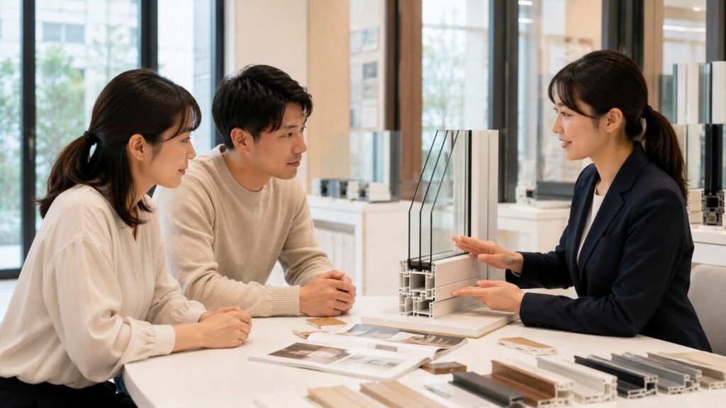ショールームで樹脂サッシの素材や構造について専門家の説明を受ける日本人夫婦