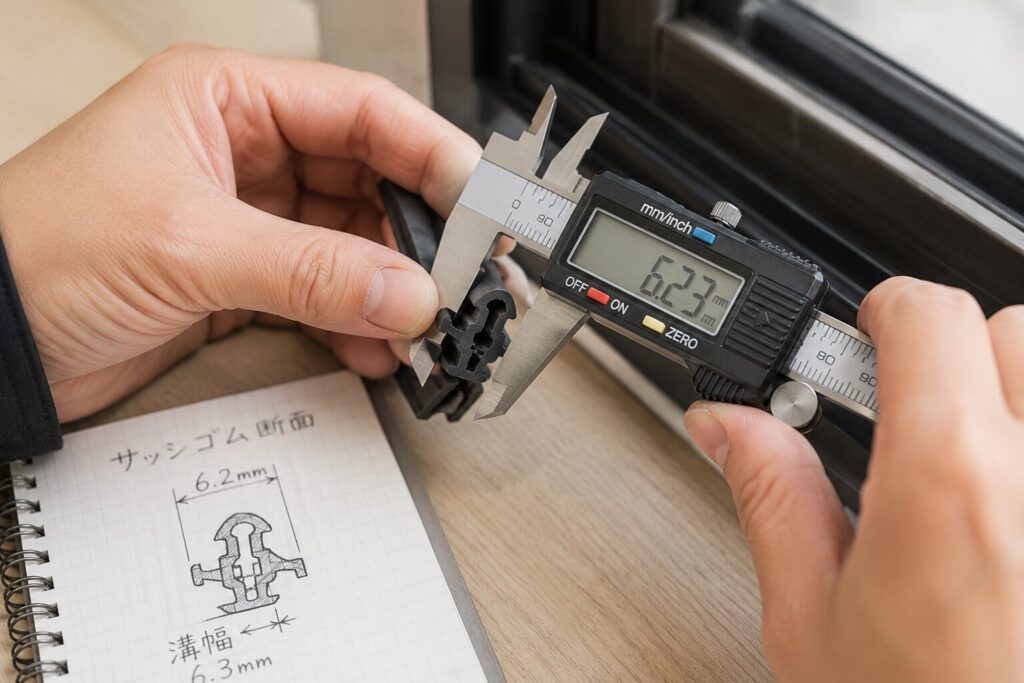 DIYでの修理前に、古いサッシゴムの断面形状と溝幅をデジタルノギスで精密に測定する日本人の手元のアップ。