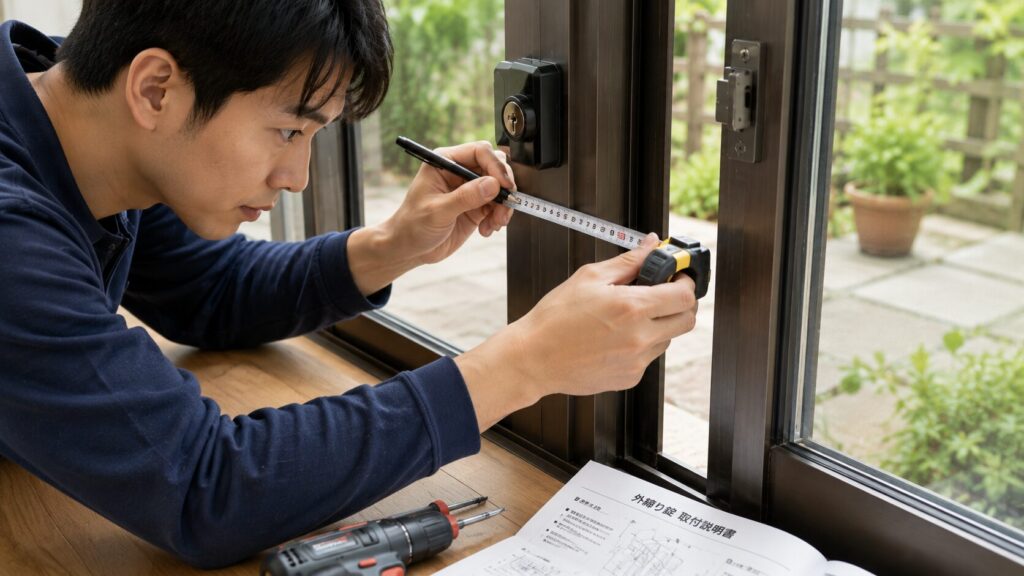 アルミサッシ窓に外締り錠をDIYで取り付けるため、メジャーとペンを使って正確な採寸と位置決めを行っている集中した様子。正確な作業が正常な施錠の鍵であることを強調。