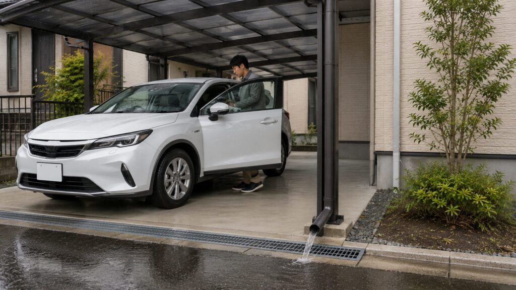 雨の日、適切に延長されたカーポートの雨樋から水が側溝へ流れ込み、カーポート下は乾いている。