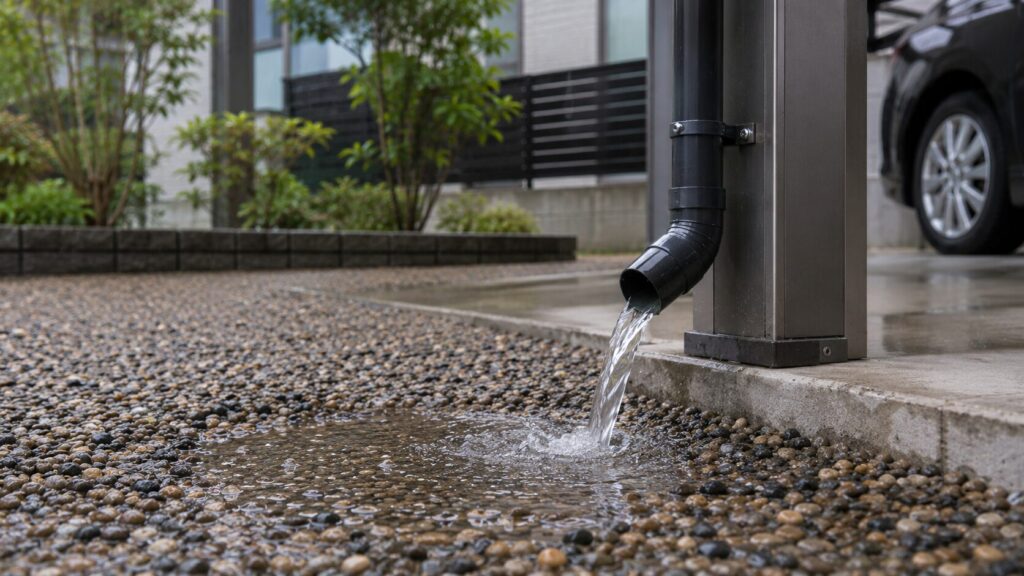 小雨の中、カーポートの縦樋から直接砂利敷きの地面（垂れ流し排水）へ雨水が流れ落ち、地盤に染み込んでいく様子。