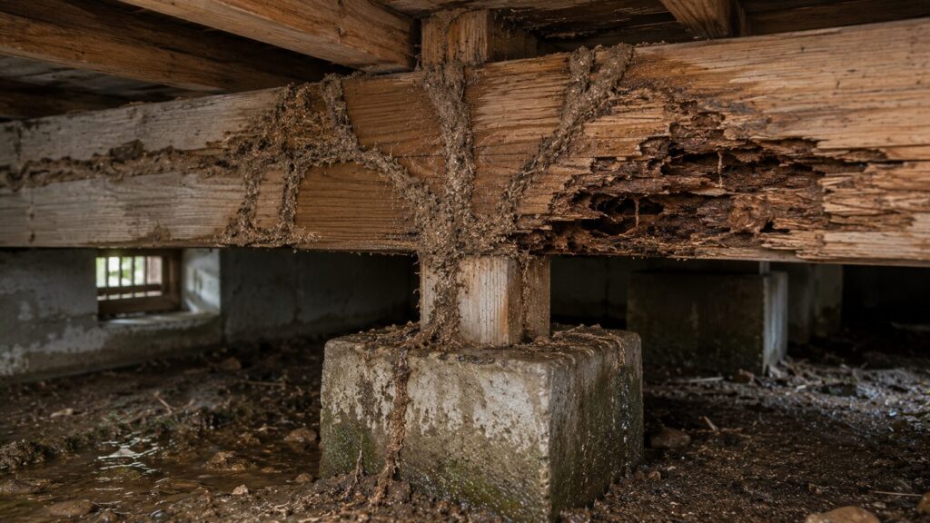 床下の湿った木材にできたシロアリの通り道（蟻道）と、食害により劣化した土台
