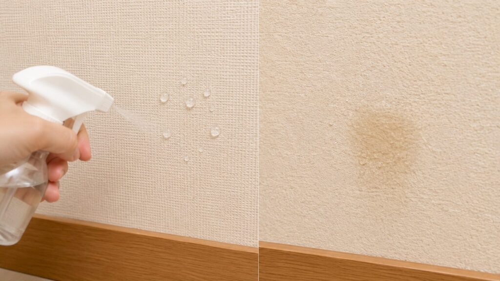 トイレの壁紙のテクスチャを拡大したシーン。壁紙の下部に霧吹きで水をかけた直後。水が小さな玉になって弾かれている表面（ビニールクロス）と、水が少し染み込み始めている表面（紙クロス）が、比較できるように並んでいる。