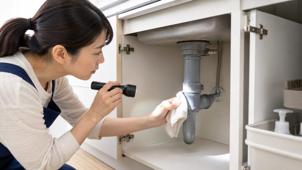 清潔なキッチン。日本人女性の手が、懐中電灯の光に照らされた排水管のつなぎ目を、白い乾いた布で丁寧に拭き取り、水漏れを確認している。