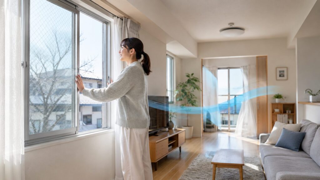 マンションのリビングで、冬の朝に窓を大きく開けてこまめな換気を行う日本人女性。対角線上の空気の通り道を作り、結露対策を実践している。