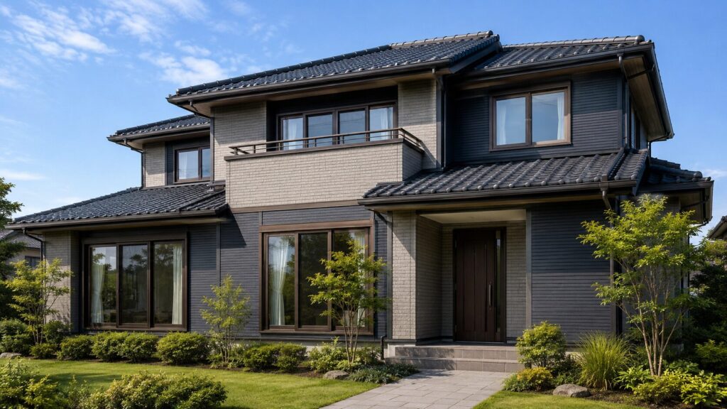 調和のとれた色でデザインされた、モダンな2階建ての日本の住宅の全景。屋根はダークグレーのタイル、外壁はライトグレーのレンガとダークブルーグレーのサイディングの組み合わせ。目に見えるすべての窓サッシ、玄関ドア、雨どいは統一されたダークブロンズ色で、シームレスで洗練された外観を作り出している。晴れた日で、緑の造園が施されている。