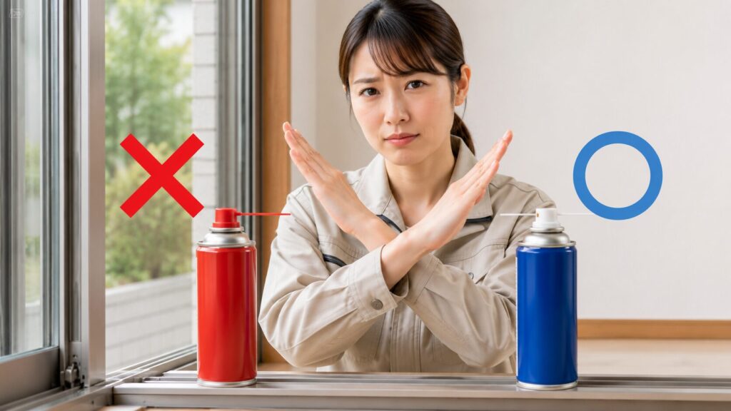 サッシの前で、石油系潤滑剤の赤い缶（テキストなし）にNGサインを出す女性。シリコンスプレー（青い缶）との使い分けを強調。