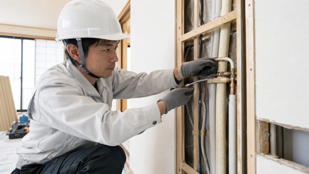 エアコン専門業者の作業員が、住宅の壁の内部に配管を埋め込む複雑な「隠蔽配管」工事を高い技術力で丁寧に行っている様子。家電量販店では難しい専門的な施工。