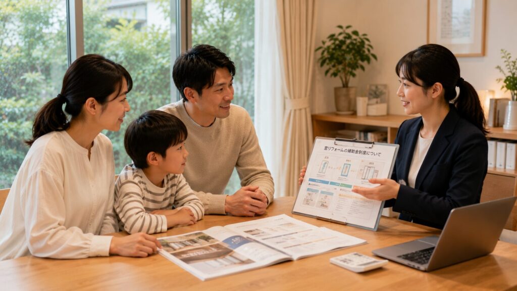 窓リフォームの補助金活用について、専門家からテーブルで分かりやすく説明を受ける日本の家族