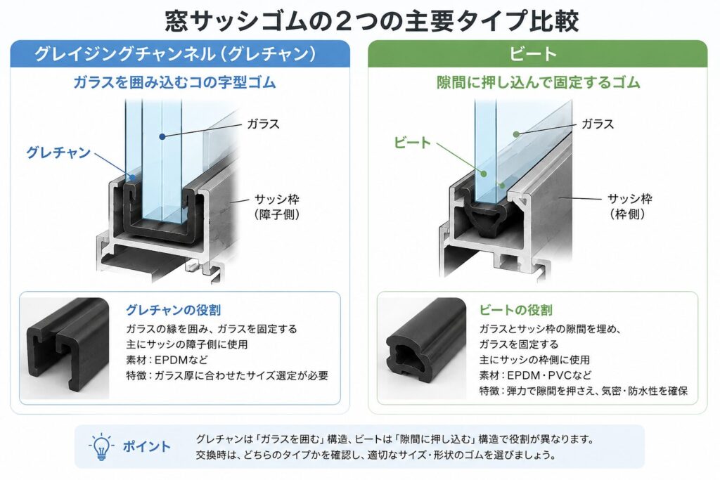 窓サッシゴムの2つの主要タイプを比較したテクニカルイラスト。左側はガラスを囲むコの字型の「グレイジングチ