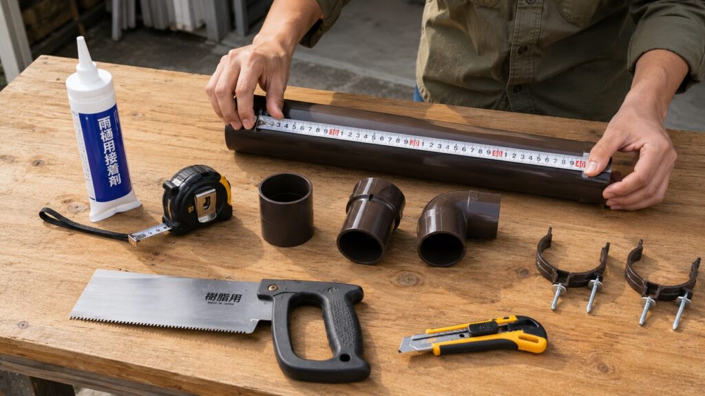 木製の作業台の上に並べられたDIY道具（メジャー、樹脂用のこぎり、カッター、雨樋用接着剤）と、延長用の新しい塩ビパイプ（雨樋）、継手、エルボ、固定金具。アジア人の男性の手がパイプを測っている。