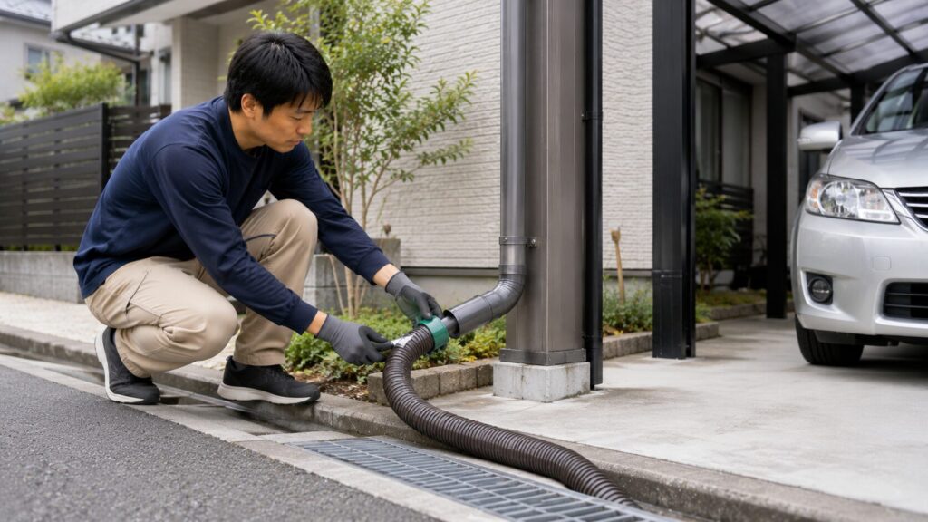 日本の住宅のカーポート周りで、日本人男性が縦樋の先端に市販の延長ホース（雨樋延長）を取り付け、側溝へ排水を導くDIY作業をしている様子。
