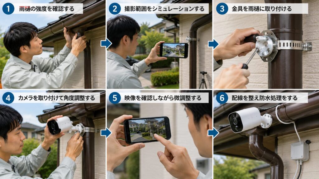DIYで雨樋の強度を確認し、シミュレーションを行ってからカメラを固定する一連の手順