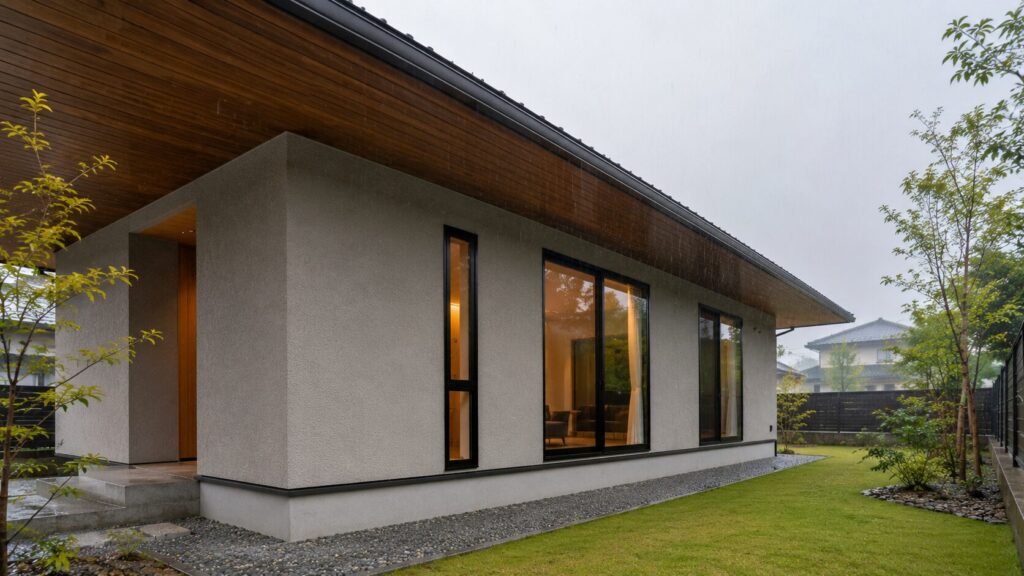 深い軒（のき）が雨水を外壁から遠ざけ、雨の日でも建物の周りが濡れにくいモダンな住宅の外観