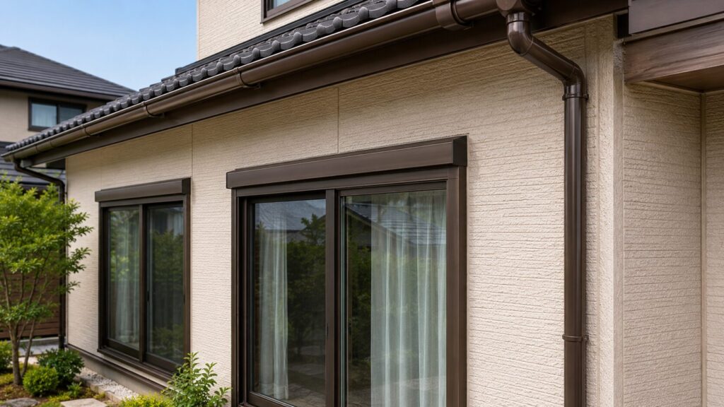 サッシ(窓枠)の色と、隣接する雨樋の色が統一された、調和の取れた日本家屋の外観。