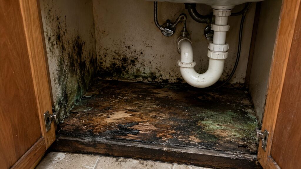 湿気がこもり、薄暗いシンク下の底板。木材が黒ずみ、角や縁に黒カビや緑カビが繁殖しており、湿気による劣化が進行している。