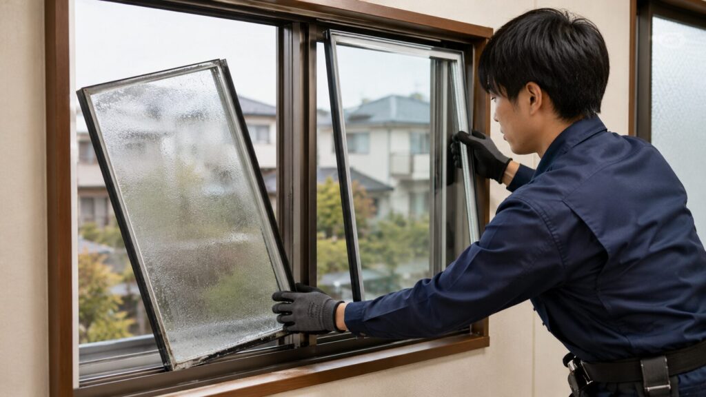 内部結露した古いペアガラスを取り外し、新しい透明なペアガラスに交換する日本人のガラス職人の作業風景。
