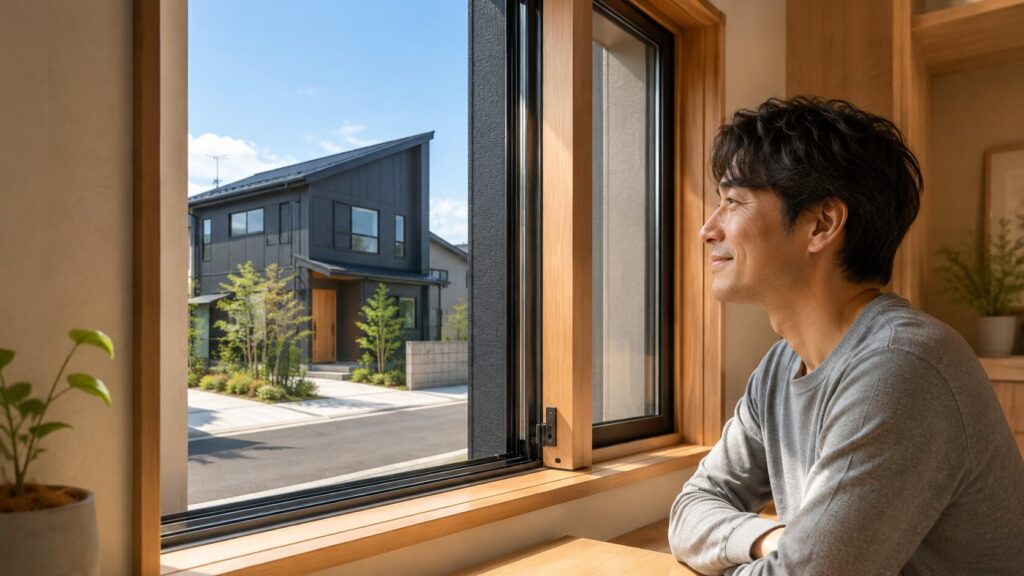 住宅の内部からのクローズアップビューで、カジュアルな服装の日本人男性が窓の外を物思いにふけりながら眺めている。彼は温かい笑みを浮かべている。室内の窓枠は温かみのある木目調で、室内の雰囲気に馴染んでいる。ガラス越しに見えるサッシの外側部分は、向かいの道路にあるモダンな住宅の外観に合わせたダークブラックになっている。このコントラストが、内外別色のサッシのオプションを示している。外の景色は明るい日でクリア。
