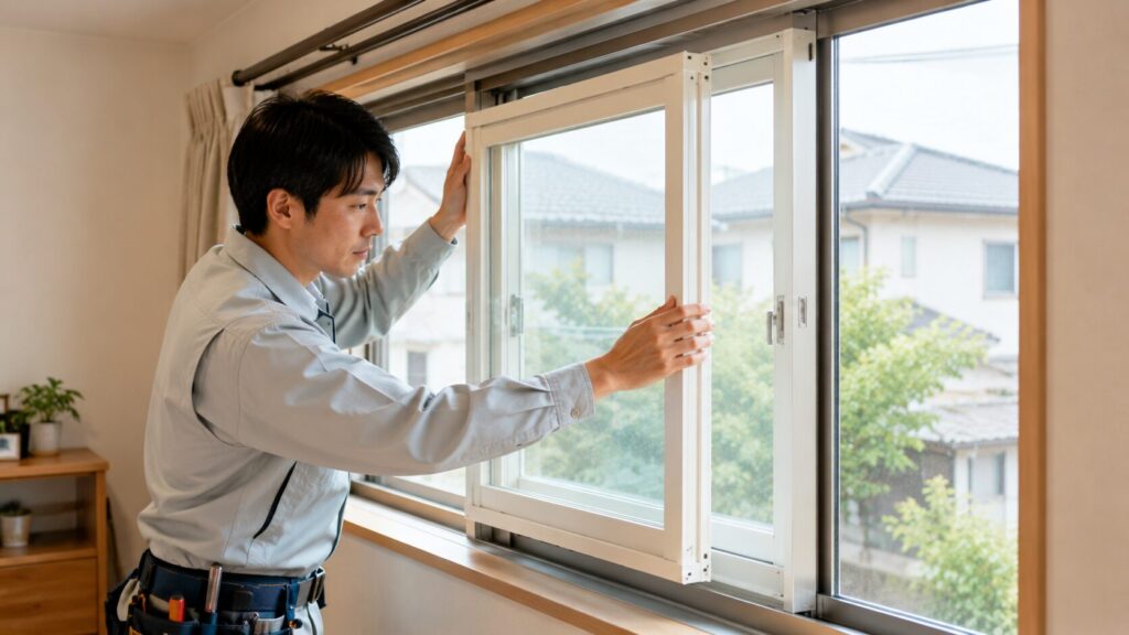 既存の窓の内側に、新しい樹脂製の内窓（二重窓）を丁寧に取り付ける工務店のスタッフ。