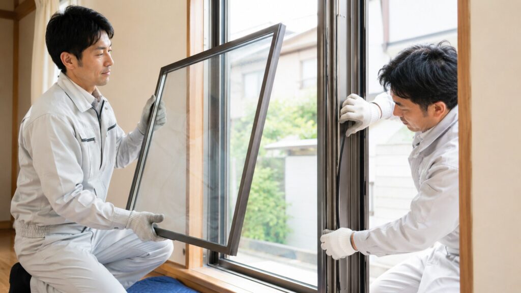 2人の日本人男性作業員が連携し、サッシ枠から大きな窓ガラスを丁寧に取り外してゴムパッキン交換作業を行う様子。プロの確実な技術と安心感を伝える。