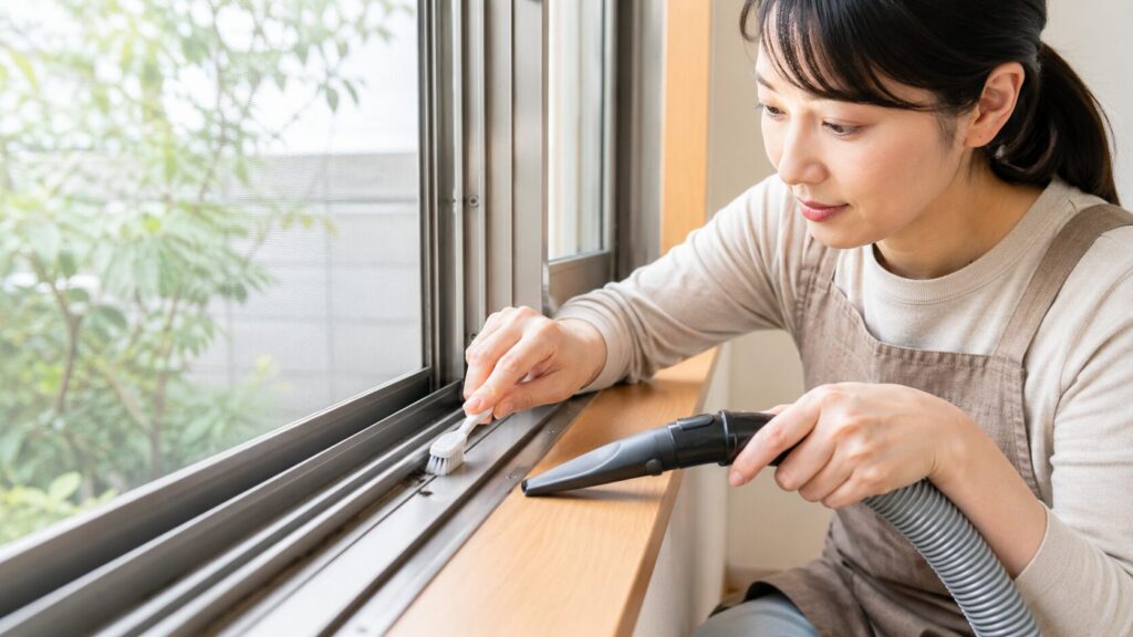 歯ブラシと掃除機を使って、サッシのレールの隅々まで丁寧に掃除する日本人女性。スプレー前の最も重要な工程。