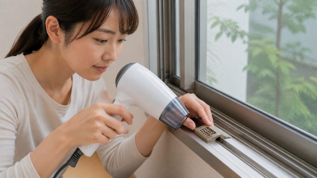 固着したサッシ排水キャップをドライヤーで温めて外れやすくする