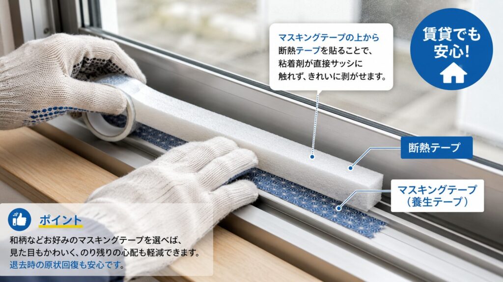 賃貸住宅での養生方法。アルミサッシの窓枠に、まず和柄のマスキングテープを貼り、その上から白い発泡ポリエチレン製の断熱テープを重ねて貼り付ける手元の拡大写真。