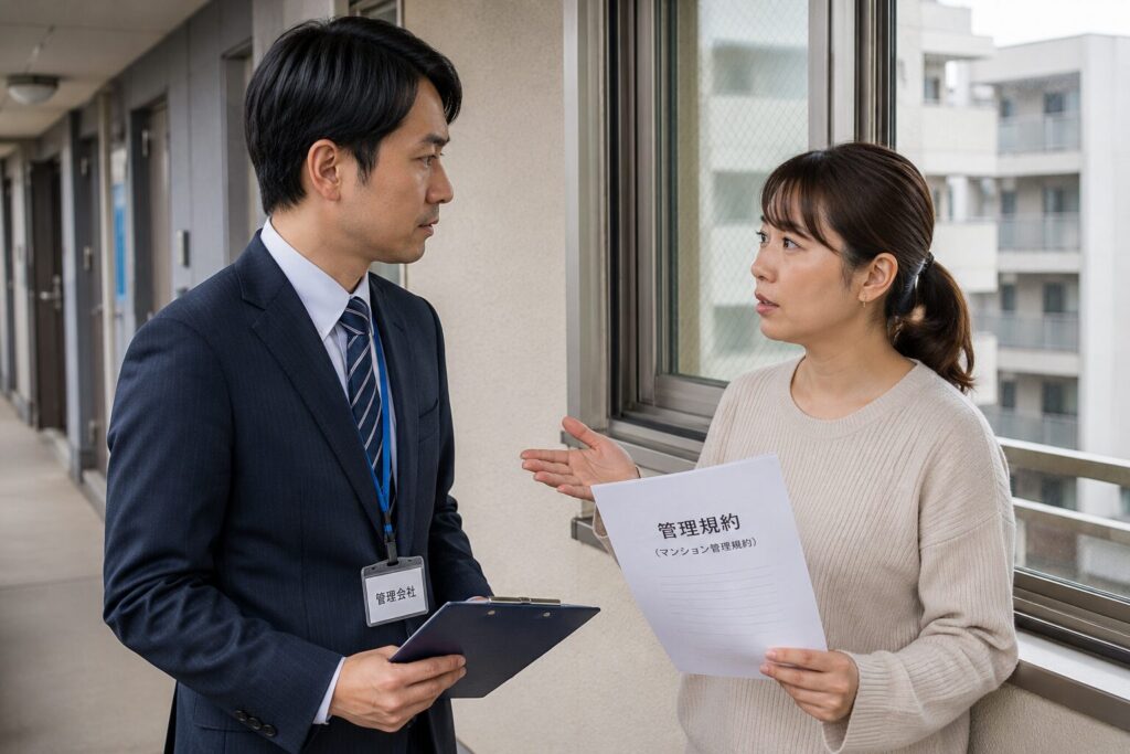 マンションの共用廊下で、管理規約が書かれた書類を手に、窓サッシの前で管理会社の担当者（日本人男性）に修繕の相談をする日本人居住者女性。