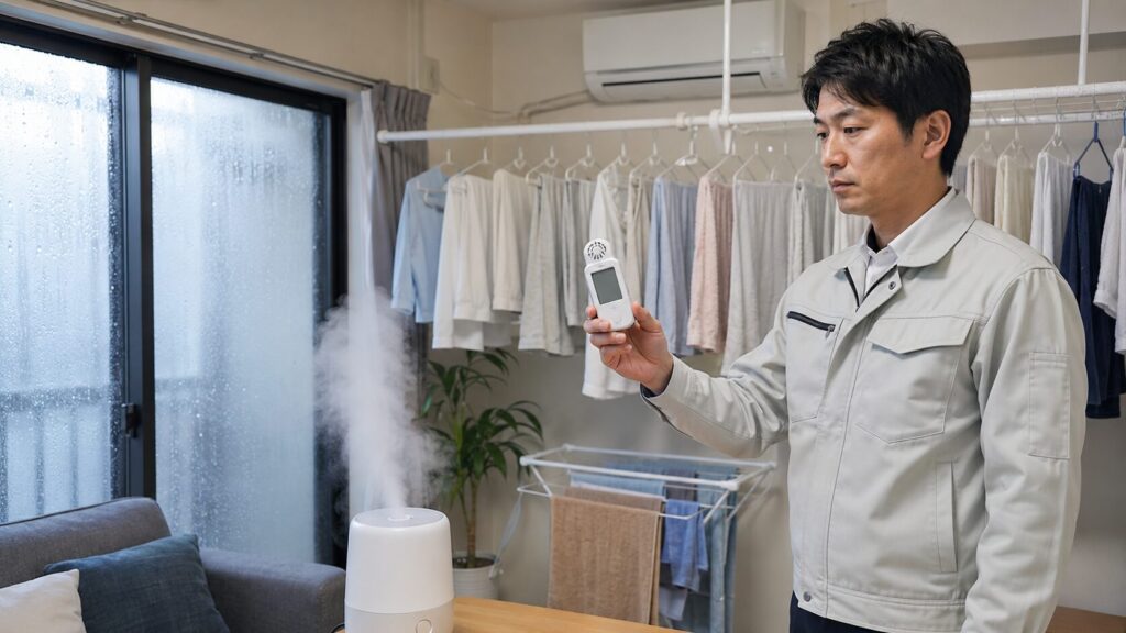 マンションの室内で、部屋干しされた洗濯物や過度な加湿器に囲まれ、湿度の高さを測定する工務店の専門家（日本人男性）。閉め切った窓が結露を悪化させる原因であることを厳しい表情で確認している。