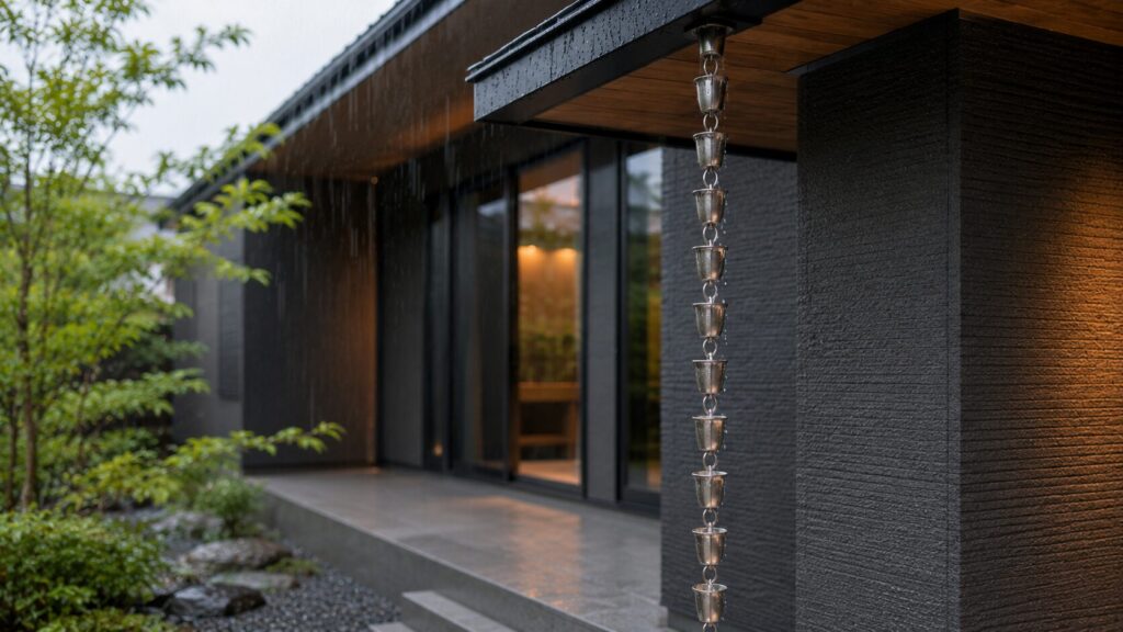 モダンな住宅の軒先から雨水が美しく流れ落ちる、デザイン性の高い金属製の鎖樋（くさりどい）