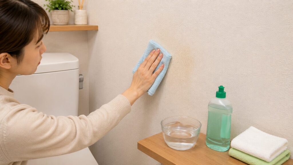 トイレの壁紙の拡大シーン。洗剤液に浸して固く絞ったマイクロファイバークロスで、壁の軽い手垢汚れを優しく拭き取っている。その横には、中性洗剤のボトルと、水拭き・乾拭き用のクロスが用意されている。