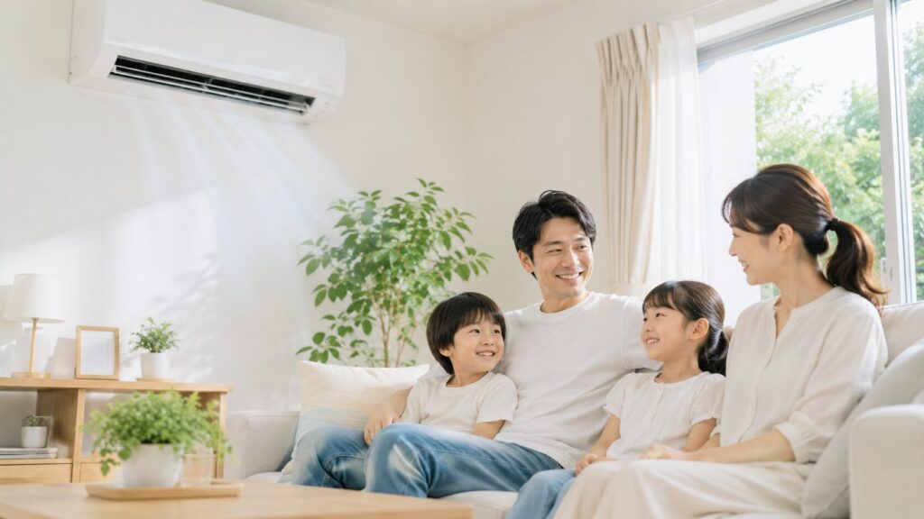 エアコンのおかげで清潔で快適な空気の中でくつろぐ、笑顔の日本人家族