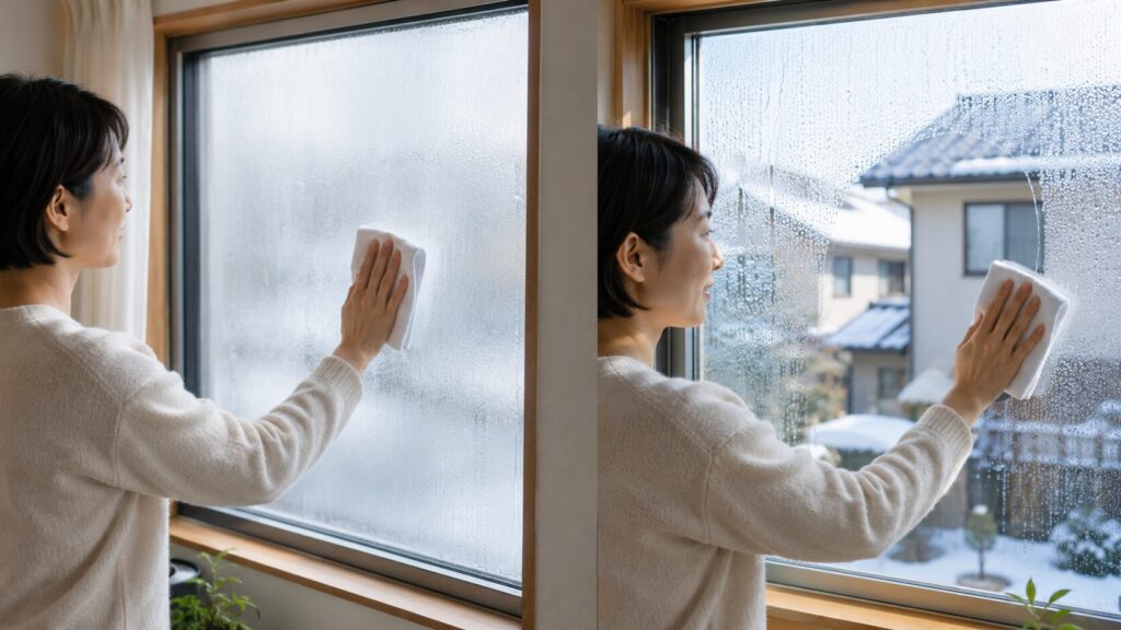 拭き取れる表面結露（右）と、何度拭いても曇りが取れない内部結露（左）を、日本人女性が実際に拭いて見分ける比較シーン。