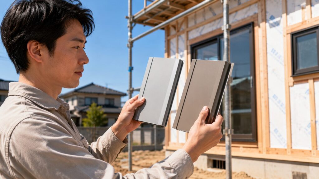 晴れた日の屋外で、日本人男性が手に持った2つのアルミ製サッシカラーサンプル（ライトグレーと暖かみのあるブラウングレー）を比較している様子。彼はサンプルの色の見え方に集中しており、背景には建設中の新しい木造住宅の一部が見える。