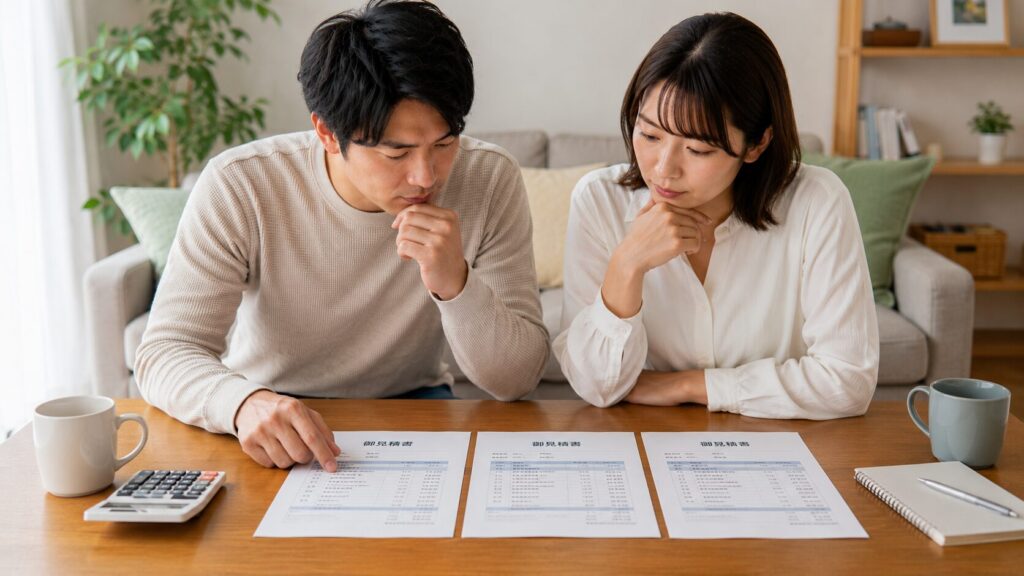 リビングテーブルで複数の見積書を並べて真剣に比較検討している日本人の夫婦。相見積もりの重要性を表現した画像。