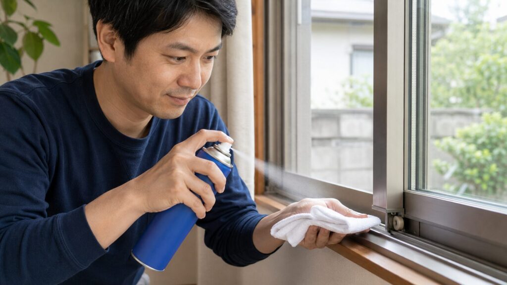 乾いた布にシリコンスプレーを吹き付け、その布でサッシの戸車とレールの溝を拭くように塗布する日本人男性。直接スプレーしない正しい方法を実演。