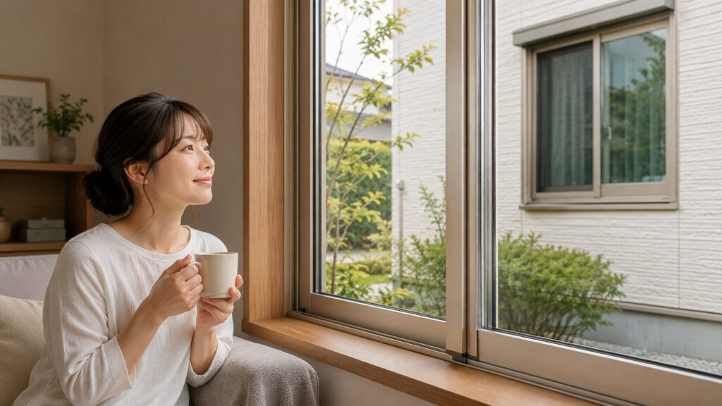 室内から見た、内側が木目調、外側がプラチナステン（画像1, 2の質感）の窓枠。