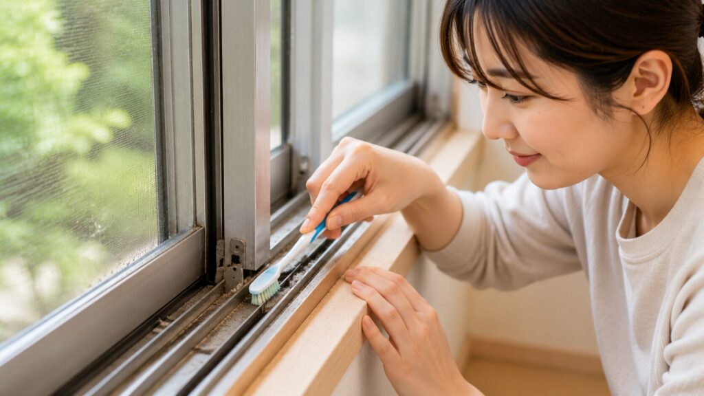 虫の発生や隙間を防ぐために使い古しの歯ブラシでサッシレールを掃除する様子