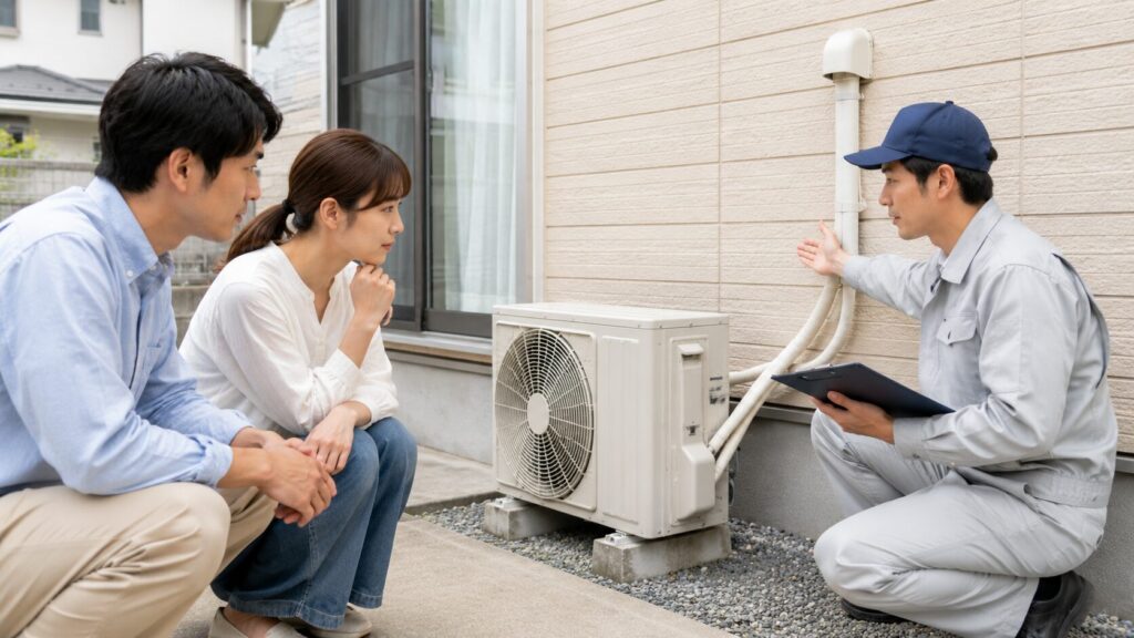 トラブルを未然に防ぐため、工事前の訪問見積もりで、作業員が室外機の設置場所や配管ルートを依頼者と一緒に丁寧に確認。