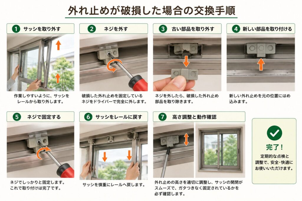 外れ止めが破損した場合の交換手順の図解