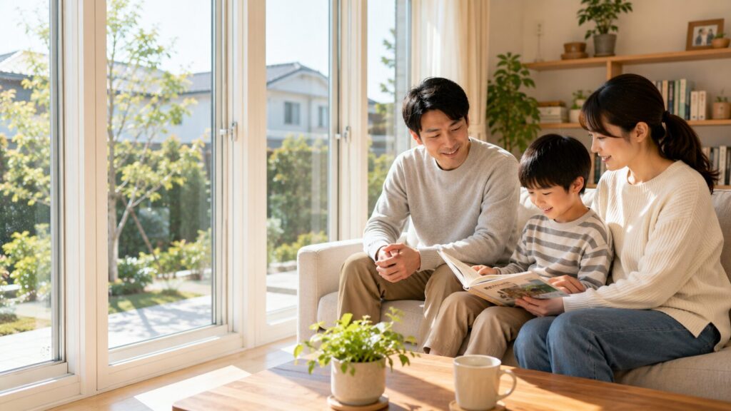 トリプルガラスの樹脂サッシ窓から差し込む日差しの中で快適に過ごす日本人家族。窓ガラスはクリアで結露がなく、断熱性の高さがうかがえる。