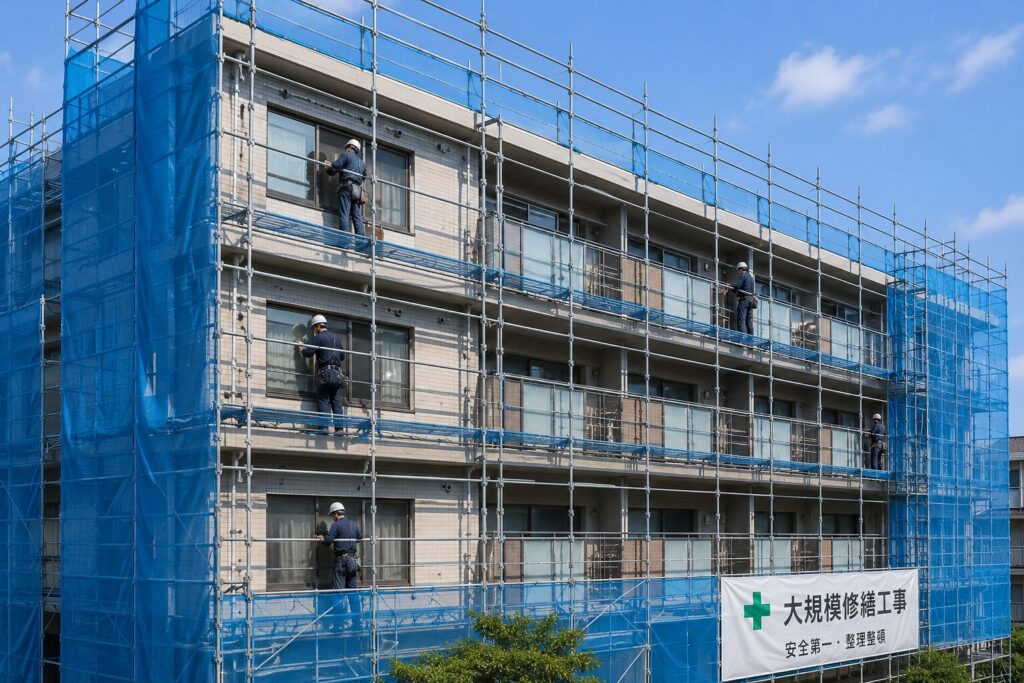大規模修繕工事が行われている日本の分譲マンションの外観。建物全体に足場と青い飛散防止ネットが張られ、複数の作業員が窓まわりの点検や補修作業を行っている。