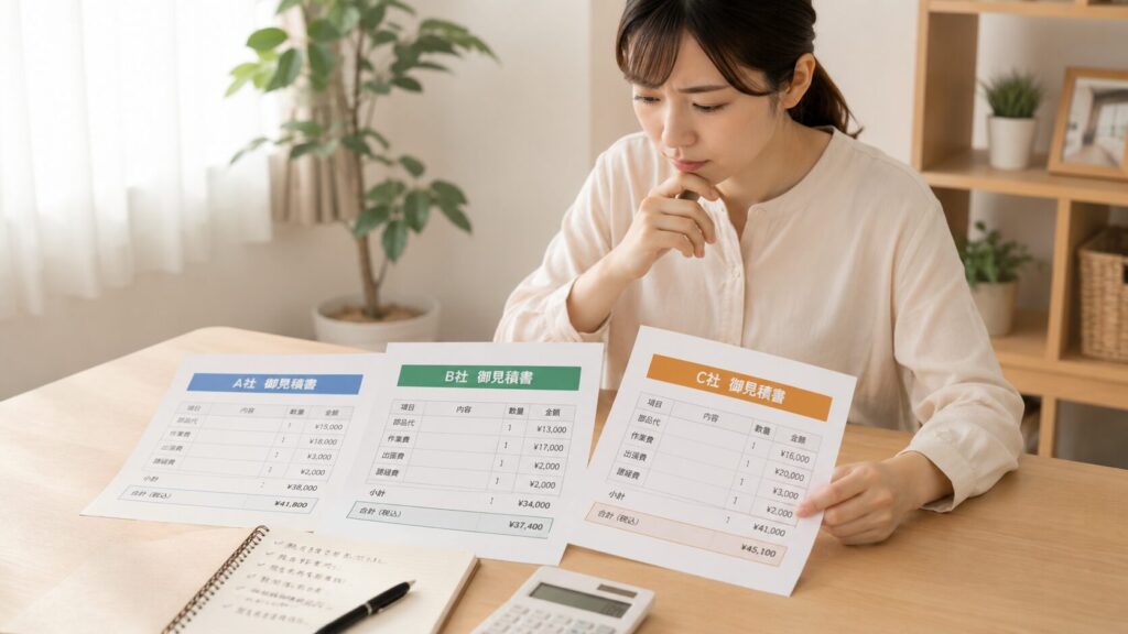明るい室内でテーブルの上に広げられた複数の専門業者からの見積書を比較検討している様子。優良業者を選ぶために、料金体系や作業内容を慎重に見比べる相見積もりのイメージ。
