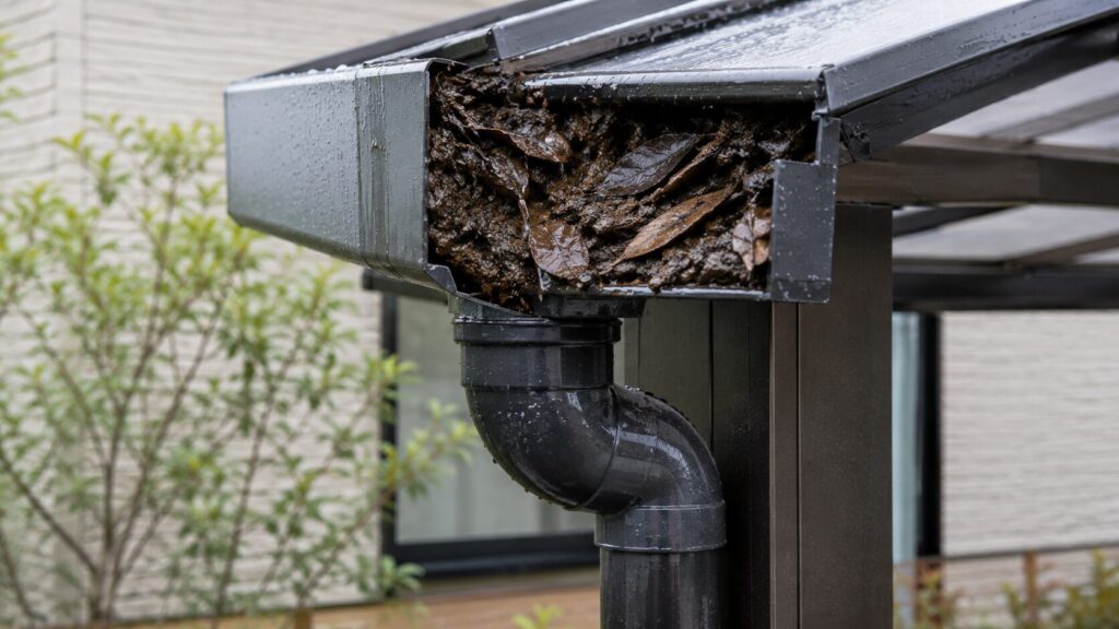 カーポートの雨樋（エルボ付近）のクローズアップ。湿った落ち葉や砂泥がびっしりと詰まり、排水が完全に止まっている状態。