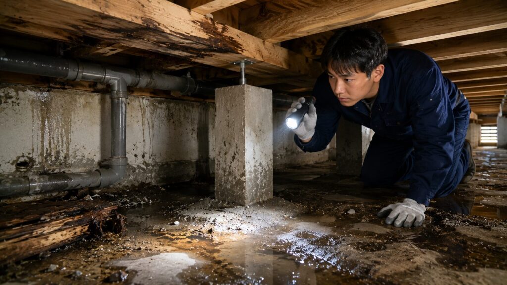 ライトを使用し、施工前の床下（水漏れや木材の腐食の有無）を隅々まで点検している様子