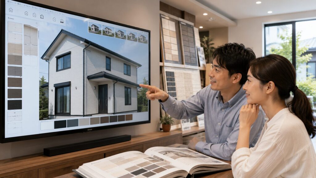 住宅展示場で、大きな液晶画面を使い、外壁や雨樋の色をカラーシミュレーションしている夫婦。